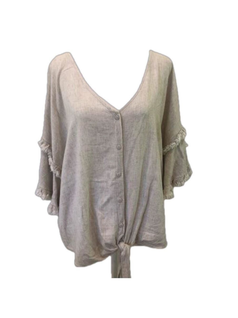 Umgee Size M linen cotton blend lagenlook top with tie waist bell sleeves fringe
